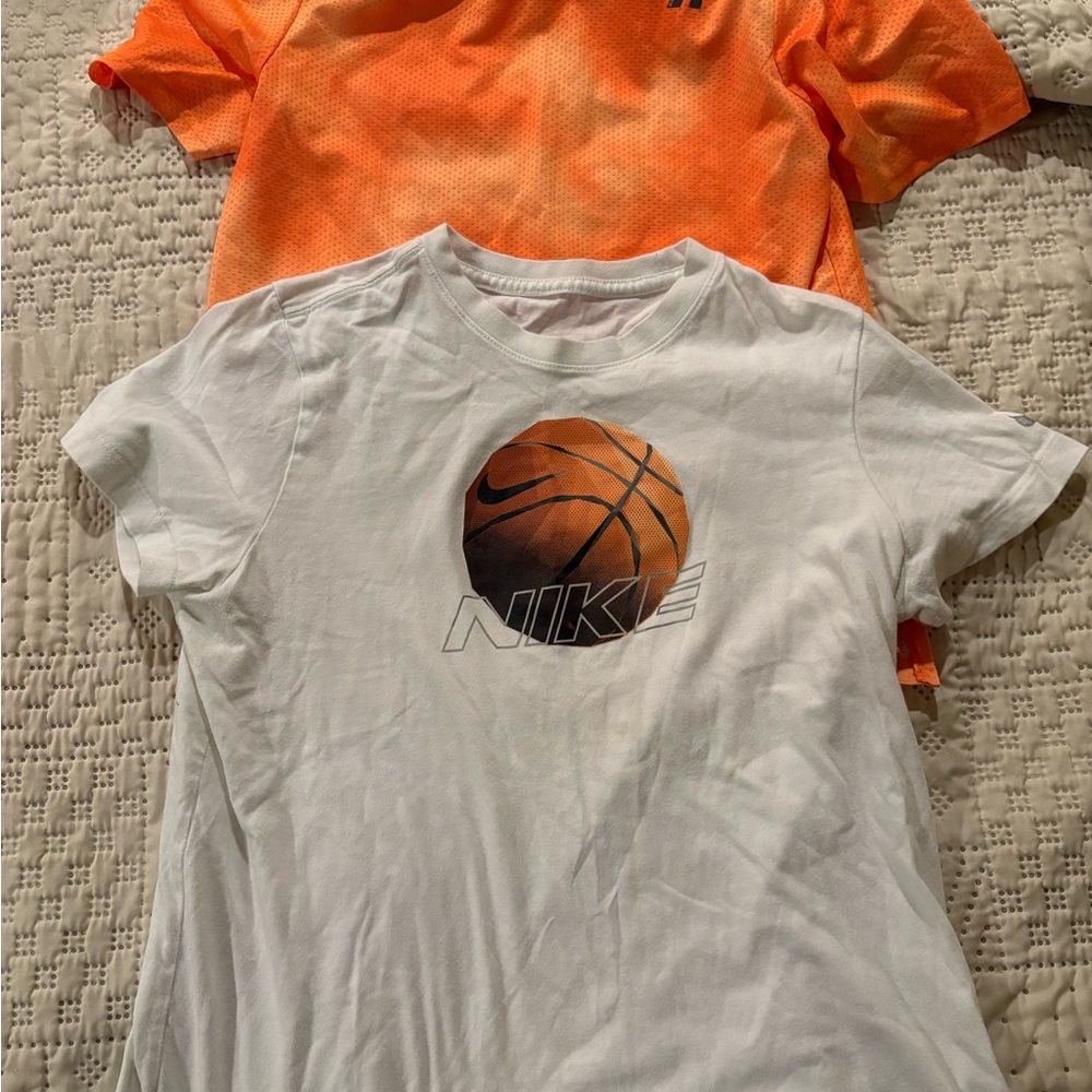 Nike Kids White Tee with Basketball Graphic and Orange Russel Shirt